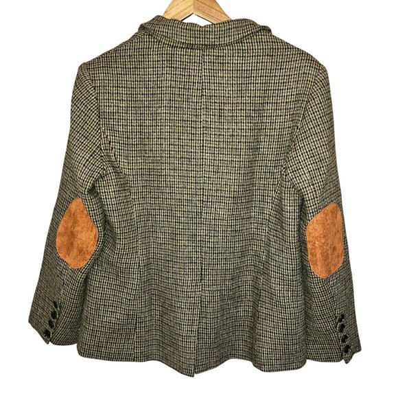 Chocolate Brown Wool Blend Tweed Houndstooth Blazer Jacket Suede Elbow Patches L - Picture 4 of 12